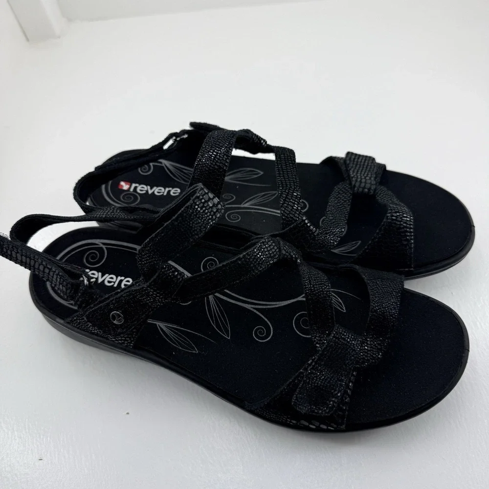 Revere Emerald Miami Women's US Size 10 Black Leather Arch Support Strap Sandals